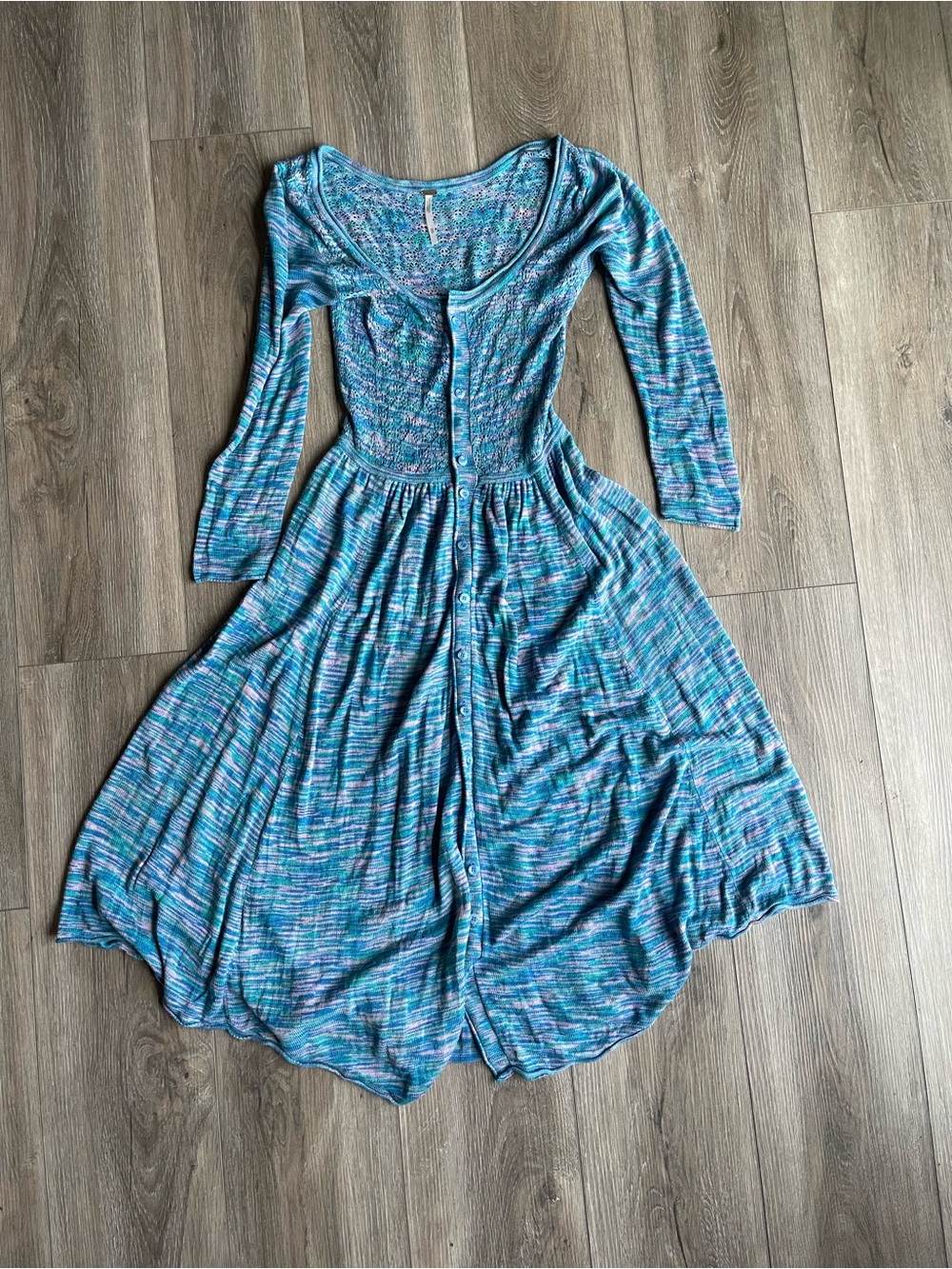 Free People Blue Multi-Striped Long Sleeve Button-Front Dress